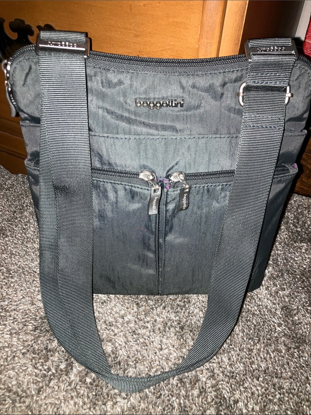 Baggallini Gray Nylon Crossbody Tote with Dual Front Zips 10” X 10”